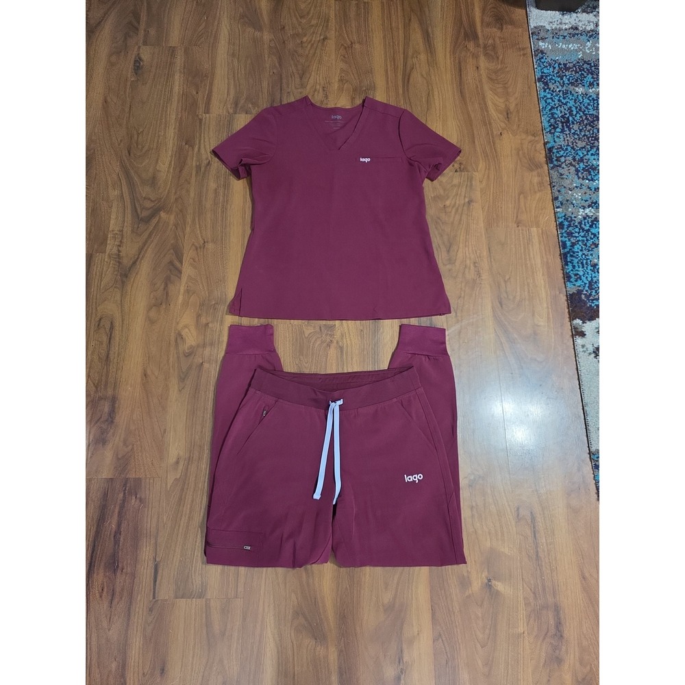 Lago Scrub Set Womens Small Maroon Excellent V-Neck Top Jogger Pants